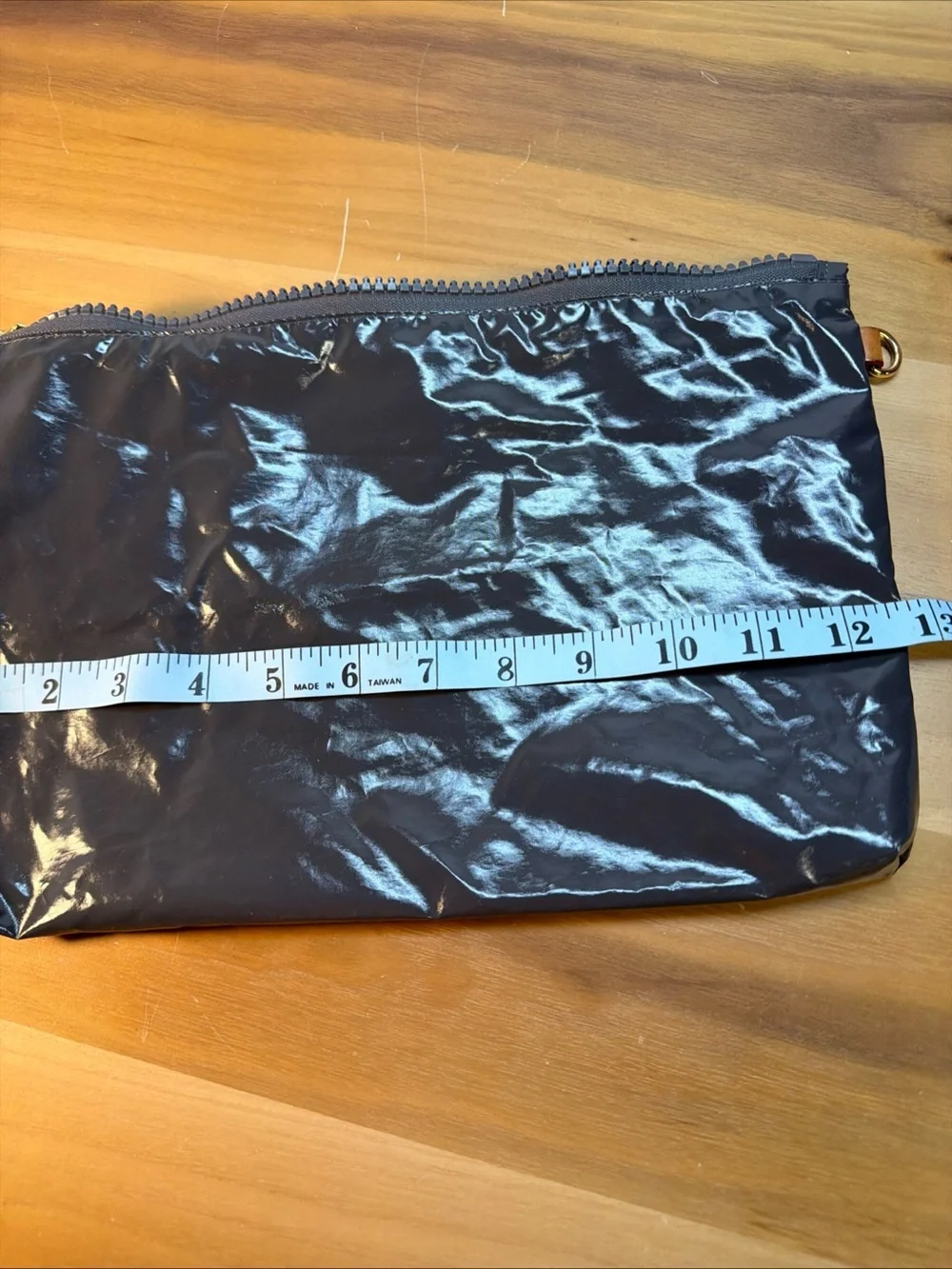 MZ Wallace Glossy Black Lacquer Nylon Zip Pouch Makeup Cosmetic Bag 12x 8” Gray